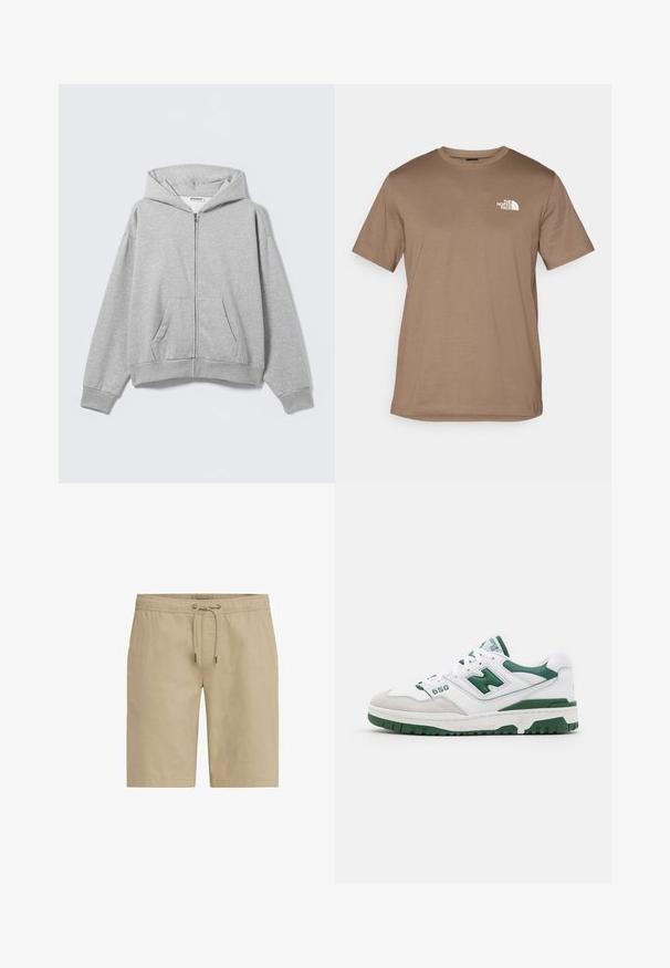 Gray zip-up hoodie made of soft fabric, featuring a hood, front pockets, and ribbed cuffs. Simple design with no patterns or embellishments.; Brown short-sleeve T-shirt made of cotton with a ribbed crew neck. Features a small white logo on the left chest area.; Beige shorts made of soft fabric, featuring an elastic waistband with a drawstring and side pockets, designed with a straight cut.; White athletic shoe with green accents, textured leather and suede, perforated detailing, padded collar, and rubber sole. Model number 550.