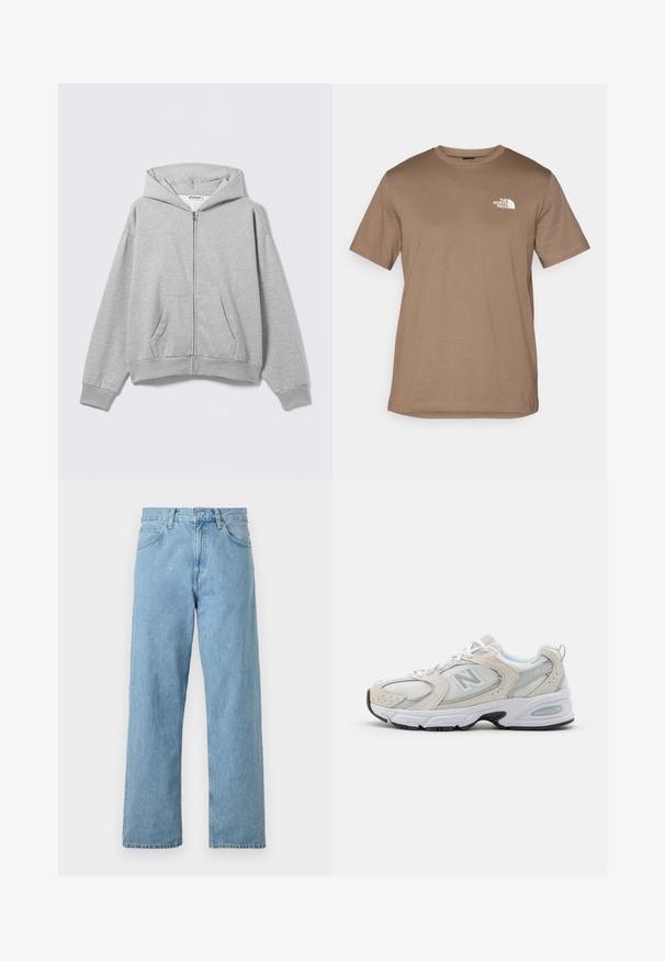 Gray zip-up hoodie made of soft fabric, featuring a hood, front pockets, and ribbed cuffs. Simple design with no patterns or embellishments.; Brown short-sleeve T-shirt made of cotton with a ribbed crew neck. Features a small white logo on the left chest area.; Light blue denim jeans with a straight leg design, five pockets, button and zipper closure, and a slightly faded finish.; Athletic shoe featuring a light gray mesh upper with suede accents, white laces, and a black rubber sole. Notable ABZORB cushioning detail.