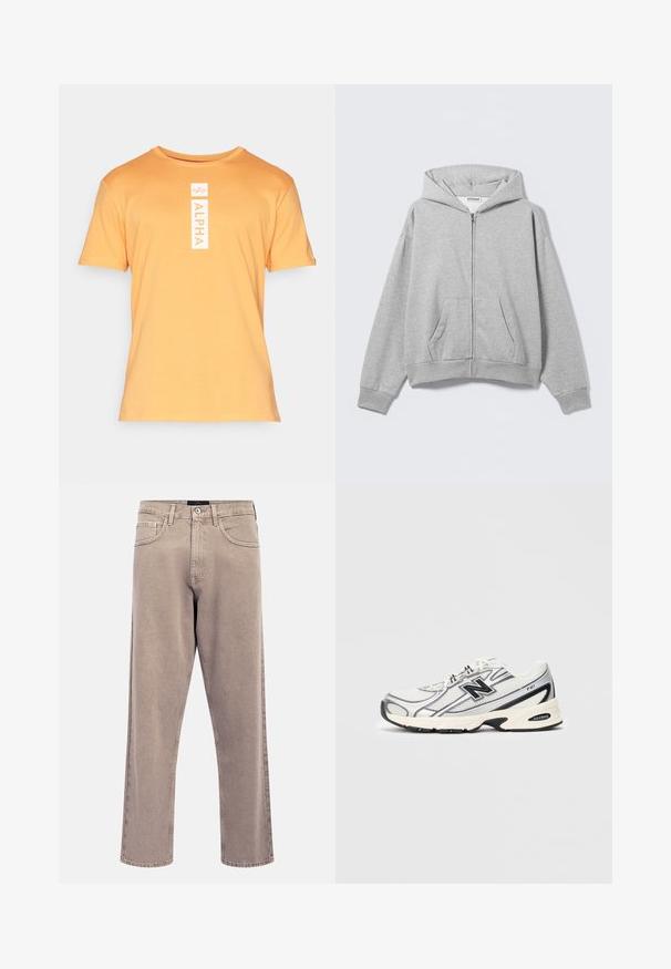 Sivá mikina na zips z mäkkej látky, s kapucňou, prednými vreckami a rebrovanými manžetami. Jednoduchý dizajn bez vzorov alebo ozdôb.; Krátky rukáv, oranžové tričko z bavlny s okrúhlym výstrihom. Na prednej strane má vertikálnu bielu grafiku "ALPHA".; Svetlo béžové rifle s rovnými nohavicami, mierne vyblednutou textúrou, dizajnom s piatimi vreckami a zapínaním na kovový gombík. Výrazné švíky.; Biele a šedé atletické tenisky s čiernym logom "N", sieťovaným zvrškom, polstrovanou podrážkou a šnurovacím dizajnom, zobrazené na jednoduchom svetlo šedom pozadí.