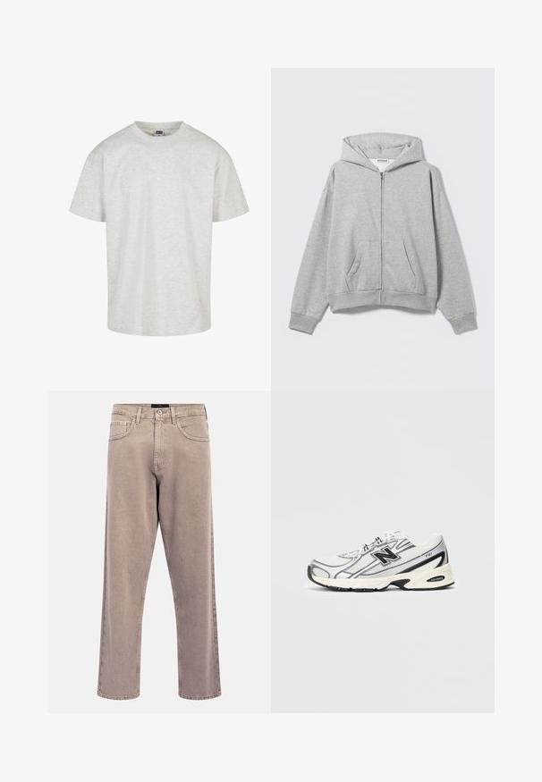 Sudadera con cremallera gris hecha de tela suave, con capucha, bolsillos delanteros y puños acanalados. Diseño sencillo sin patrones ni adornos.; Camiseta de algodón gris claro con mangas cortas, cuello redondo y un ajuste relajado. Tejido texturizado con un sutil patrón jaspeado.; Vaqueros rectos de tono beige claro con textura ligeramente desvaída, diseño de cinco bolsillos y cierre con botón metálico. Detalles de costura prominentes.; Zapatilla deportiva blanca y gris con logo negro "N", parte superior de malla, suela acolchada y diseño de cordones, presentada sobre un fondo gris claro liso.