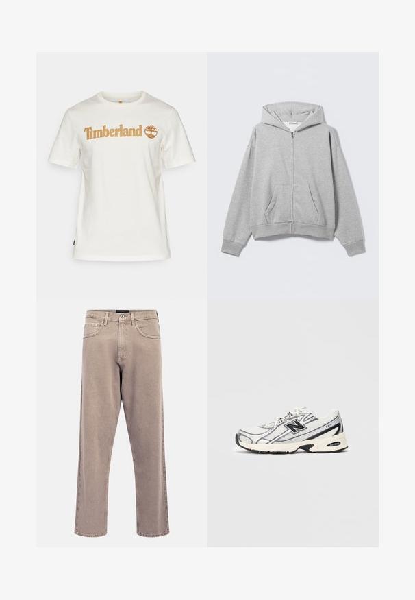 Grå zip-up-hoodie i mjukt tyg, med huva, framfickor och ribbade muddar. Enkel design utan mönster eller utsmyckningar.; Vit bomullströja med korta ärmar och rund hals. Har "Timberland"-logotyp i ljusbrun med en trägrafik.; Ljusa beige raka jeans med en lätt blekt textur, design med fem fickor och stängning med metallknapp. Framträdande sömnadsdetaljer.; Vit och grå atletisk sneaker med svart "N"-logotyp, mesh-övre, dämpad sula och snörningsdesign, visad på en enfärgad ljusgrå bakgrund.