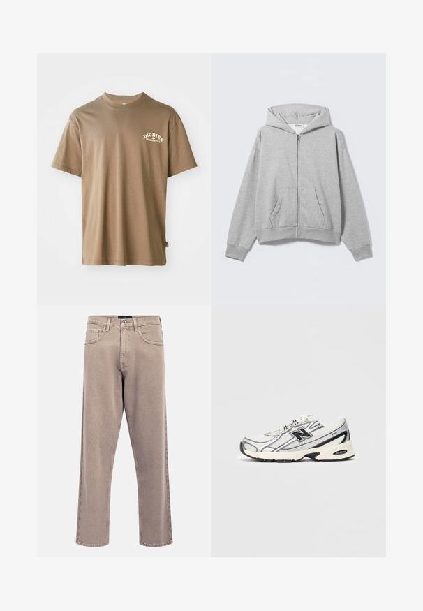 Harmaa vetoketjullinen huppari, joka on valmistettu pehmeästä kankaasta ja siinä on huppu, edessä taskut sekä resorit hihansuissa. Yksinkertainen muotoilu ilman kuvioita tai koristeita.; Brun t-paita, jossa on pyöreä kaula-aukko, lyhyet hihat ja vasemmassa rinnassa valkoinen logo, jossa lukee "Dickies Workwear".; Vaaleanbeiget suora lahje -farkut, joissa on hieman haalistunut tekstuuri, viisipokkoinen muotoilu ja metallinen napin suljin. Korostetut saumausdetaljit.; Valkoiset ja harmaat urheilukengät mustalla "N"-logolla, verkkomateriaali yläosassa, pehmustettu pohja ja nauhakiinnitys, esitelty vaaleanharmaalla taustalla.