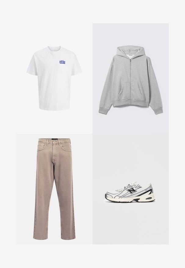 Gray zip-up hoodie made of soft fabric, featuring a hood, front pockets, and ribbed cuffs. Simple design with no patterns or embellishments.; White short-sleeve T-shirt with small blue "Handyman" text logo on the upper left chest.; Light beige straight-leg jeans with a slightly faded texture, five-pocket design, and metal button closure. Prominent stitching details.; White and gray athletic sneaker with black "N" logo, mesh upper, cushioned sole, and lace-up design, shown on plain light gray background.