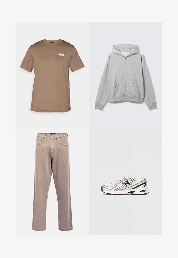Pelēka uzvelkamā kapuce džemperis no mīksta auduma, ar kapuci, priekšējām kabatām un ribotiem aprocēm. Vienkāršs dizains bez rakstiem vai rotājumiem.; Brūns īsām piedurknēm T-krekls no kokvilnas ar ribotu apkakli. Uz kreisā krūšu laukuma ir neliels balts logs.; Gaismas bēša taisnu kāju džinsi ar viegli izbalējušu tekstūru, piecu kabatu dizainu un metāla pogas aizdari. Izteiktas šūšanas detaļas.; Baltā un pelēkā sporta apavu ar melno "N" logo, mitrumizturīgs augšējais slānis, mīksts zolē un saistīšanas dizains, attēlots uz vienkārša gaiši pelēka fona.
