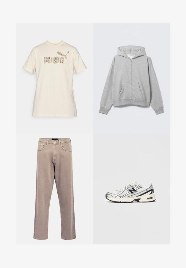 Szara bluza z kapturem na zamek, wykonana z miękkiego materiału, z kapturem, przednimi kieszeniami i ściągaczami na rękawach. Prosty design bez wzorów i zdobień.; Kremowa bawełniana koszulka z krótkim rękawem i okrągłym dekoltem. Wyróżnia się nadrukowanym logo „PUMA” w kamuflażowym wzorze oraz skaczącym emblemą pumy w stonowanych kolorach.; Jasnobeżowe jeansy o prostych nogawkach, z lekko wyblakłą fakturą, wzorem z pięcioma kieszeniami oraz zamknięciem na metalowy guzik. Wyraźne detale przeszycia.; Białe i szare sportowe sneakersy z czarnym logo "N", siateczkowa cholewka, wyściełana podeszwa oraz sznurowany design, pokazane na jednolitym jasnoszarym tle.