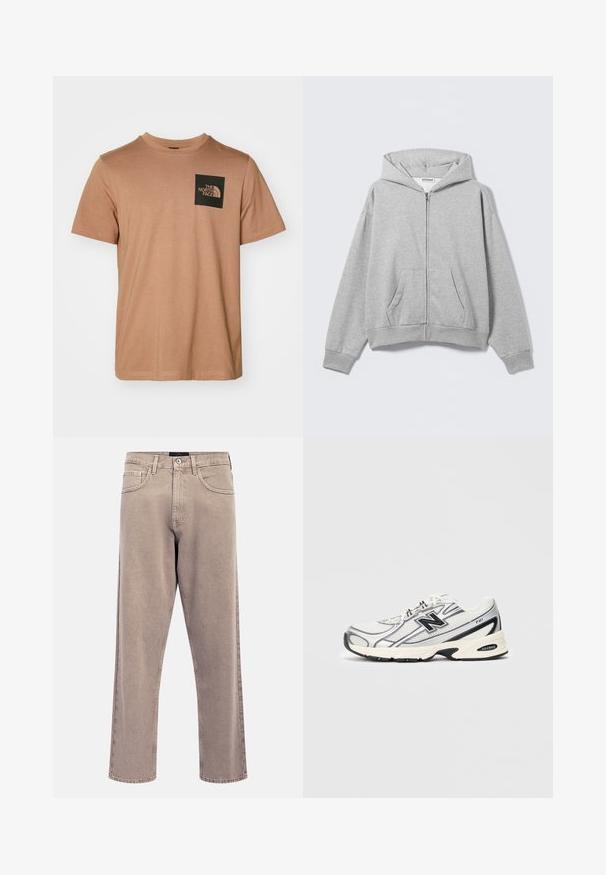 Gray zip-up hoodie made of soft fabric, featuring a hood, front pockets, and ribbed cuffs. Simple design with no patterns or embellishments.; Brown cotton t-shirt with short sleeves and crew neckline. Features a black square pocket with white brand logo and curved graphic.; Light beige straight-leg jeans with a slightly faded texture, five-pocket design, and metal button closure. Prominent stitching details.; White and gray athletic sneaker with black "N" logo, mesh upper, cushioned sole, and lace-up design, shown on plain light gray background.