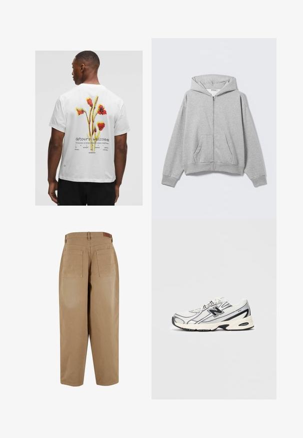 Felpa grigia con zip, realizzata in tessuto morbido, con cappuccio, tasche anteriori e polsini a costine. Design semplice senza motivi o decorazioni.; T-shirt bianco in cotone con una grafica floreale in rosso, giallo e verde sul retro, con la scritta "deviazioni benvenute" e il logo del marchio.; Pantaloni in cotone beige con vestibilità ampia, dotati di due tasche posteriori e di un'etichetta in vita. Il tessuto ha una consistenza liscia e un design minimalista.; Sneaker atletico bianco e grigio con logo "N" nero, tomaia in rete, suola ammortizzata e design con lacci, mostrato su uno sfondo grigio chiaro uniforme.