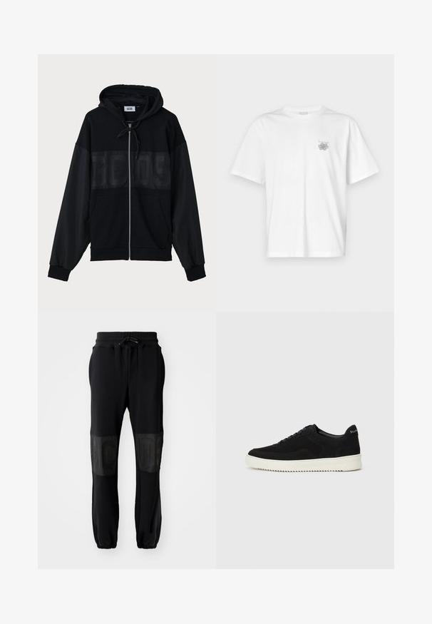 Svart zip-up hoodie med en strukturerad överpanel, huva, framfickor och elastiska ärmslut. Har en tonad logotyp över bröstet.; Vit t-shirt i bomull med korta ärmar, rund hals och en liten grå logotyp på vänster bröst. Slät textur.; Svarta sweatpants med ribbad midja, dragsko och elastiska muddar. Har glänsande svarta paneler på låren med präglad text.; Svarta mockaskor med snörningsdesign och kontrasterande vita gummisulor. Har texturerade sidopaneler och diskret branding på hälen.