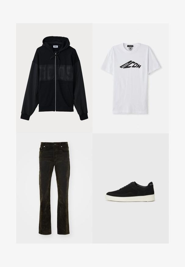 Mustat zip-up-hupparit, joissa on teksturoitu yläpaneeli, huppu, etupussit ja joustavat hihansuut. Rinnassa on samansävyinen logo.; Valkoinen puuvillapaita lyhyillä hihoilla ja pyöreällä kaula-aukolla. Rintamalla on musta grafiikkalogot, jossa lukee "DSQUARED2 CDN."; Musta kankaiset levenevät farkut, joissa on sileä pinta, etutaskut ja metalliosat. Pöksyissä on rento istuvuus ja keskikorkea vyötärö.; Mustat mokkakengät nauhoilla ja kontrastivalkoisella kumipohjalla. Varustettu teksturoiduilla sivupaneeleilla ja huomaamattomalla brändäyksellä kantapäässä.