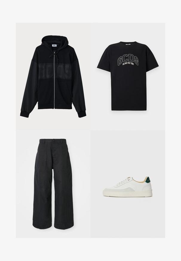 Črna zadrga bombažna jopica s teksturiranim zgornjim delom, kapuco, sprednjimi žepi in elastičnimi manšetami. Značilnost je tonalen logotip čez prsi.; Črn bombažni majica s kratkimi rokavi. Vsebuje belo GCDS logotip in napis "MILANO ITALY 1988" v loku. Standardno prileganje in krožni ovratnik.; Črne široke hlače iz platna z gumbom, ki imajo dva sprednja žepa in sproščen kroj.; Bela trenerka z zaključki iz semiša, okroglo konico, ravne vezalke in kremna gumijasta podplata. Ima zeleno blagovno znamko na peti.