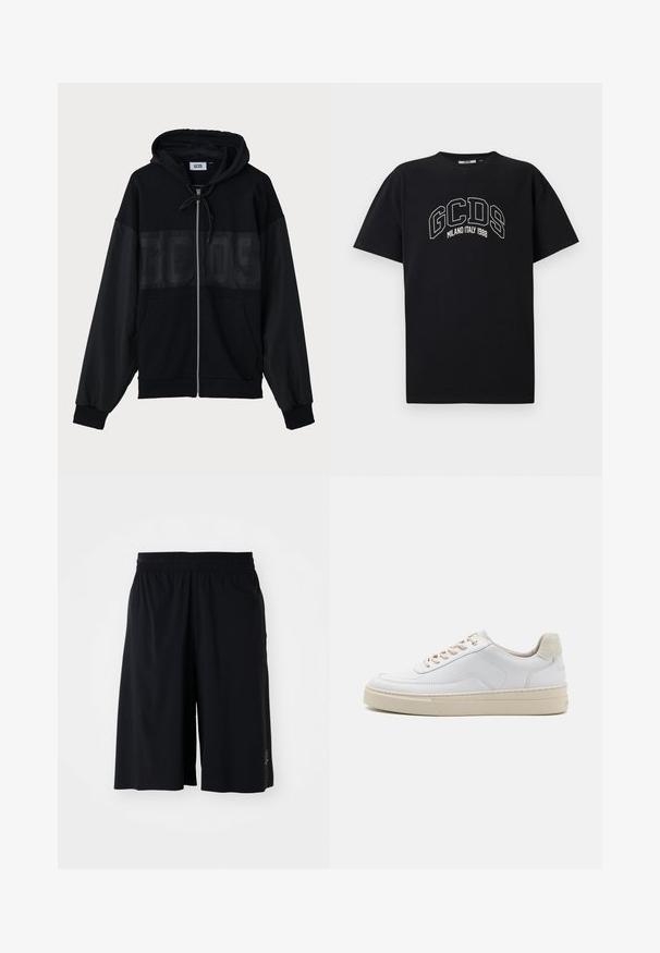 Fleece preto com fecho, com um painel superior texturizado, capuz, bolsos frontais e punhos elásticos. Apresenta um logo tonal no peito.; T-shirt de algodão preto com mangas curtas. Apresenta o logótipo GCDS em branco e o texto "MILANO ITALY 1988" em formato de arco. Ajuste padrão e gola redonda.; Calções atléticos pretos com uma cintura elástica, design até ao joelho, textura suave e um pequeno detalhe de logótipo na parte inferior.; Sapatilha branca com um cabedal em couro liso, atacadores bege e um painel traseiro em camurça texturizada bege. Sola elevada para acrescentar altura.