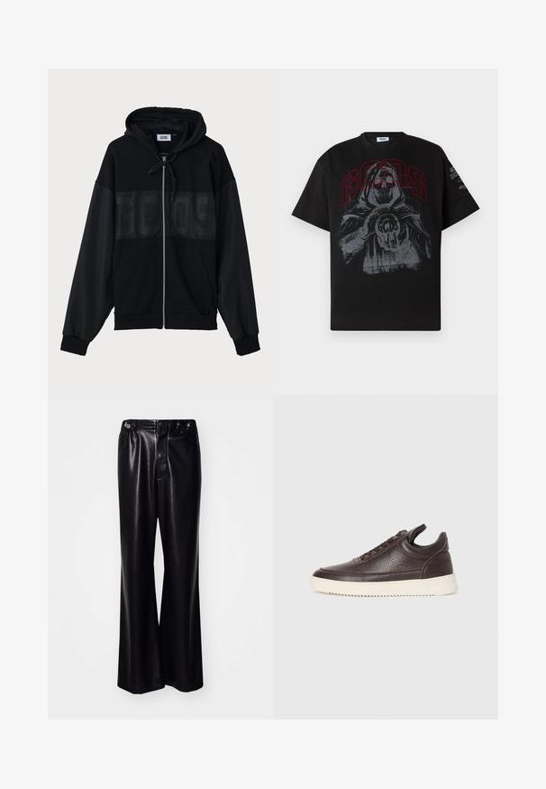 Haut à zip noir avec un panneau supérieur texturé, capuche, poches avant et poignets élastiques. Présente un logo ton sur ton sur la poitrine.; T-shirt en coton noir avec un grand imprimé graphique d'une silhouette encapuchonnée tenant un ballon avec "GCDS" en rouge, à manches courtes et col rond.; Pantalons larges en simili cuir noir avec taille haute, fermeture à bouton à l'avant et finition légèrement satinée. Texture lisse, design polyvalent.; Baskets en cuir texturé brun foncé avec un dessus à lacets et une semelle en caoutchouc blanc striée sur un fond clair et uni.