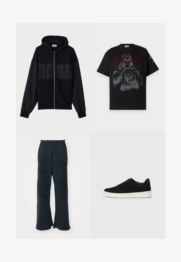Mustat zip-up-hupparit, joissa on teksturoitu yläpaneeli, huppu, etupussit ja joustavat hihansuut. Rinnassa on samansävyinen logo.; Musta puuvillapaita, jossa on suuri graafinen painatus huppu päässä olevasta hahmosta, joka pitää kädessään palloa, jossa lukee "GCDS" punaisella. Lyhyet hihat ja pyöreä kaula-aukko.; MM6 Maison Margiela PANTS - Verryttelyhousut - black; Mustat mokkakengät nauhoilla ja kontrastivalkoisella kumipohjalla. Varustettu teksturoiduilla sivupaneeleilla ja huomaamattomalla brändäyksellä kantapäässä.