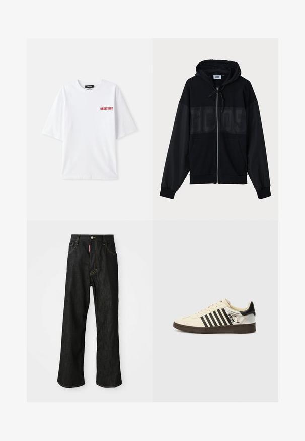 Črna zadrga bombažna jopica s teksturiranim zgornjim delom, kapuco, sprednjimi žepi in elastičnimi manšetami. Značilnost je tonalen logotip čez prsi.; Bela bombažna majica s kratkimi rokavi, ki na sprednji levi strani nosi rdeč napis "OBSESSED2". Klasična zasnova s krožnim ovratnikom.; Črne ravne hlače z rumenim šivom, pet žepov, gumbno zapiranje in majhna rdeča oznaka na sprednjem desnem žepu.; Kremne usnjene tenisice z črnimi črtami, rjavim podplatom in metalno srebrnim peto. Imajo logo na strani in klasično vezanje.