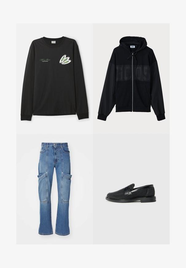Svart zip-up hettegenser med teksturert øverste panel, hette, frontlommer og elastiske mansjetter. Har en-tonet logo over brystet.; Svart langermet T-skjorte laget av bomull, med et grafisk design av tre hvite fjær med grønne og røde detaljer på venstre bryst.; Denim cargo bukser i lyseblå med høj talje, flere sidelommer og flagrende ben, med kontraststing og lynlås lukning.; Sorte vevde slip-on sko med en glatt lærdetalj på overdelen, design med rund tå og en lavprofil gummisåle.