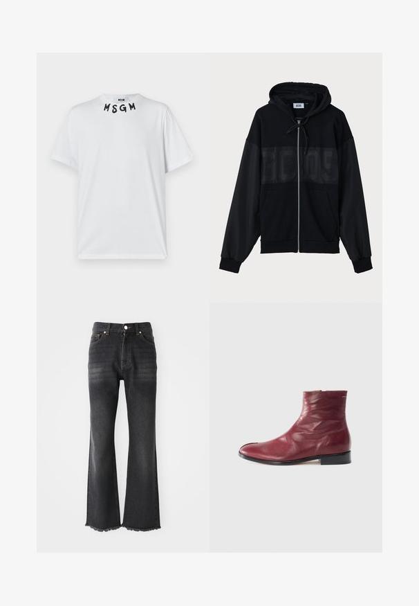 Black zip-up hoodie with a textured upper panel, hood, front pockets, and elastic cuffs. Features a tonal logo across the chest.; White cotton t-shirt featuring black embroidered "MSGM" text at the collar. Short sleeves, crew neck, and a relaxed fit.; Black flared jeans with a medium wash, feature a frayed hem, five-pocket design, and metallic button closure. Made of denim fabric.; Burgundy leather ankle boot with a smooth texture, side zipper, rounded toe, and low black heel, featuring subtle creases and minimal stitching.