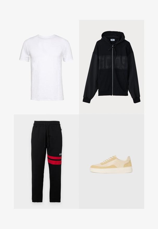 Juodas zip-up džemperis su tekstūruoto viršutinio skydelio, gaubtu, priekinėmis kišenėmis ir elastinėmis rankovėmis. Yra toninis logotipas krūtinės srityje.; Balta trumpos rankovės marškinėliai, pagaminti iš švelnaus medvilnės, su apvaliu iškirpimu, paprasto dizaino ir tiesaus kirpimo, tinkami kasdieniam dėvėjimui.; Juodi sportiniai džinsai su kontrastingomis raudonomis juostelėmis ir logotipu šone. Yra elastinga juosmens juosta su raišteliu ir siaurėjančiais kulkšnų kraštais.; Šviesiai geltoni zomšiniai ir odiniai sportbačiai, turintys paminkštintą pado ir siuvinėtus akcentus. Klasikinis raištelių modelis su apvaliu pirštu.