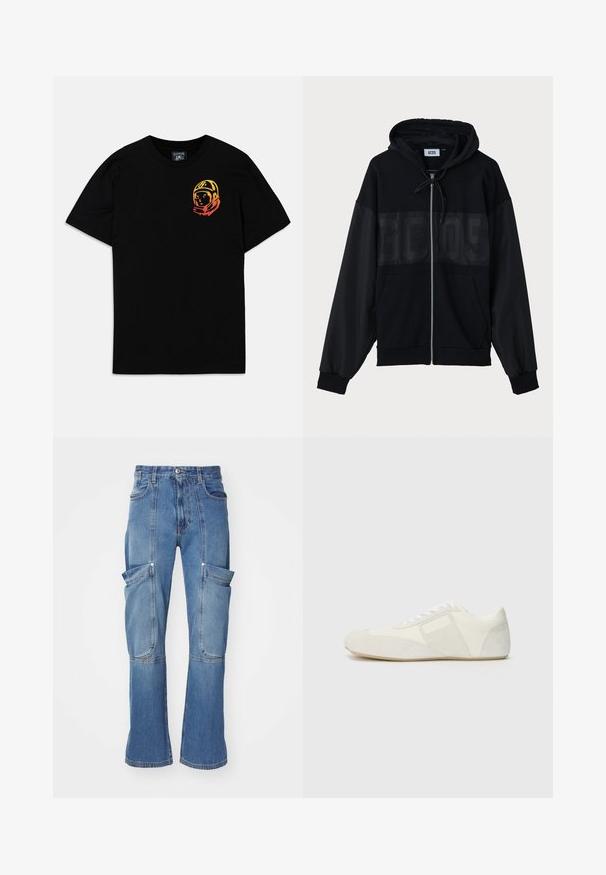 Juodas zip-up džemperis su tekstūruoto viršutinio skydelio, gaubtu, priekinėmis kišenėmis ir elastinėmis rankovėmis. Yra toninis logotipas krūtinės srityje.; Juodas medvilnės marškinėliai su spalvinga astronauto grafika kairiajame krūtinės šone. Klasikinė apykaklė ir trumpomis rankovėmis. Minkšta tekstūra.; Šviesiai mėlynos džinsinės cargo kelnės su aukštu liemeniu, daugybe šoninių kišenių ir plačiomis kojomis, su kontrastingais siūlais ir užtrauktuku.; Balti sportiniai bateliai su glotnia konstrukcija, turintys zomšinį nosinėjimą, odines plokšteles ir kontrastingus tekstūrinius akcentus. Lygus gumos padas.