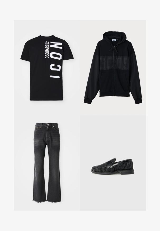 Svart zip-up hettegenser med teksturert øverste panel, hette, frontlommer og elastiske mansjetter. Har en-tonet logo over brystet.; Svart bomull T-skjorte med dristig hvit tekstdesign: "DSQUARED2" vertikalt og "ICON" horisontalt på siden. Klassisk rund halslinning.; Svart vidde jeans i middels vask, med en frynset hem, fem-lomme design og metallisk knappelukking. Laget av denim stoff.; Sorte vevde slip-on sko med en glatt lærdetalj på overdelen, design med rund tå og en lavprofil gummisåle.