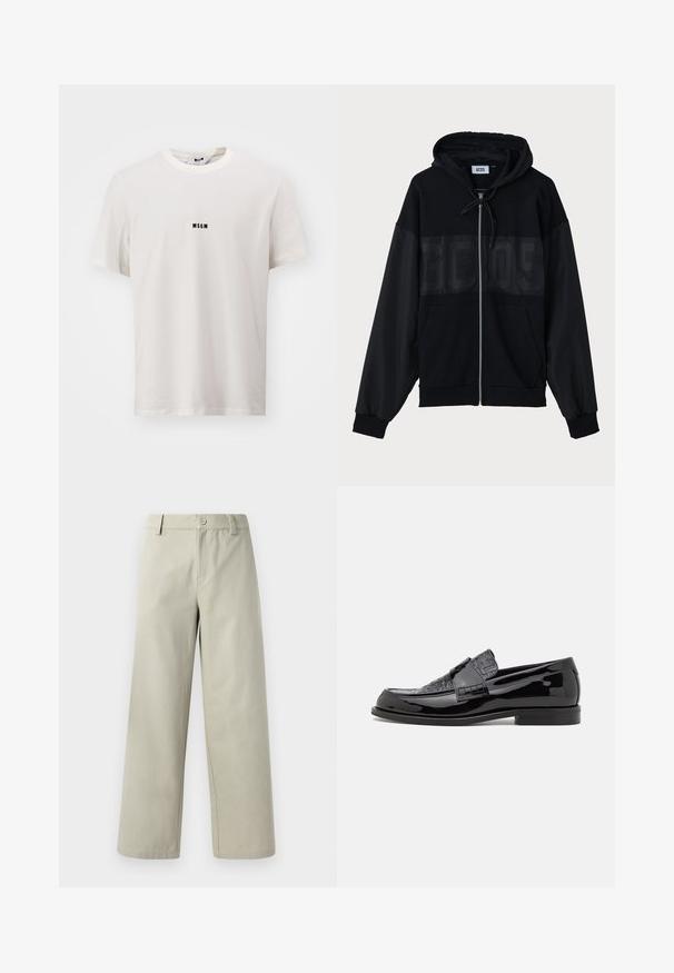 Fekete zipzáras kapucnis pulóver textúrált felső résszel, kapucnival, elülső zsebekkel és elasztikus mandzsettákkal. A mellkason tonális logó található.; Fehér pamut póló kerek nyakkal. Középen egy kis fekete "MSGM" logó található a mellkason. Rövidujjú, laza fazonú.; Han Kjøbenhavn WIDE LEG - Nadrágok - light grey; Fekete lakkbőr loaferek, texturált felsőrésszel, kerek orral és lapos talppal, finom varrási részletekkel.