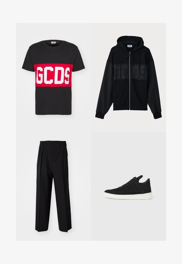 Black zip-up hoodie with a textured upper panel, hood, front pockets, and elastic cuffs. Features a tonal logo across the chest.; GCDS BAND LOGO REGULAR - Print T-shirt - black; Black pleated trousers with a straight, wide-leg design. Made from smooth fabric, featuring a button closure and belt loops.; Black suede sneaker with a white rubber sole, featuring tonal stitching and lace-up design. Smooth texture with a modern, streamlined shape.