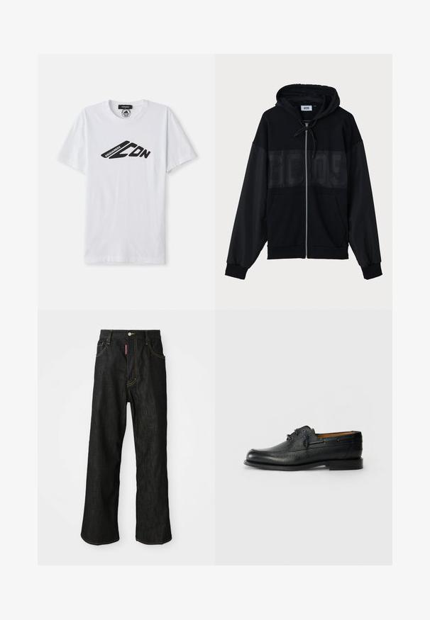 Black zip-up hoodie with a textured upper panel, hood, front pockets, and elastic cuffs. Features a tonal logo across the chest.; White cotton t-shirt with short sleeves and a round neckline. Features a black graphic logo, "DSQUARED2 CDN," across the chest.; Black straight-leg jeans with yellow stitching, five-pocket design, button closure, and a small red tag on the front right pocket.; Black leather shoe with textured surface, round toe, and two eyelet lace-up design. Features a flat sole and minimalistic branding on side.