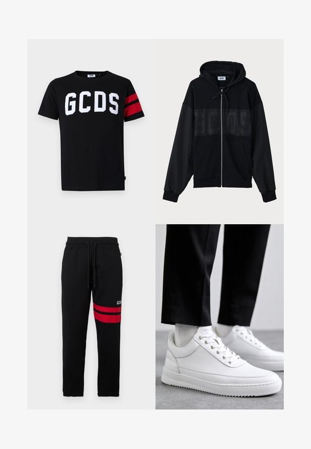 Črna zadrga bombažna jopica s teksturiranim zgornjim delom, kapuco, sprednjimi žepi in elastičnimi manšetami. Značilnost je tonalen logotip čez prsi.; Črna bombažna majica s širokim belim logotipom "GCDS", rdečimi črtami na rokavih, krojenjem s krožnim ovratnikom in standardno prileganjem.; Črne trenirke s kontrastnimi rdečimi črtami in logotipom na strani. Imajo elastičen pas z vrvico in zožene manšete pri gležnjih.; Bela usnjena teniska obutev z ravnim gumjastim podplatom, z gladko površino, okroglo kapico in kovinskimi luknjami za vezalke. Nosi se z črnimi hlačami.
