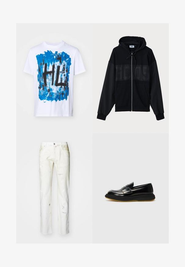 Zwarte zip-up hoodie met een gestructureerd bovenpaneel, capuchon, frontzakken en elastische manchetten. Heeft een tonale logo over de borst.; Witte katoenen t-shirt met een blauw abstract ontwerp en zwarte "HL" tekst in het midden. Korte mouwen en van crew neck stijl.; Witte denim jeans met een rechte snit. Voorzien van zichtbare verf vlekken, een ritsgulp en vijf zakken. Zachte textuur met een licht versleten uiterlijk.; Zwarte leren instappers met een gestructureerd ontwerp, voorzien van een verhoogd voorpaneel, gestikte details en een dikke, gestructureerde rubberen zool.