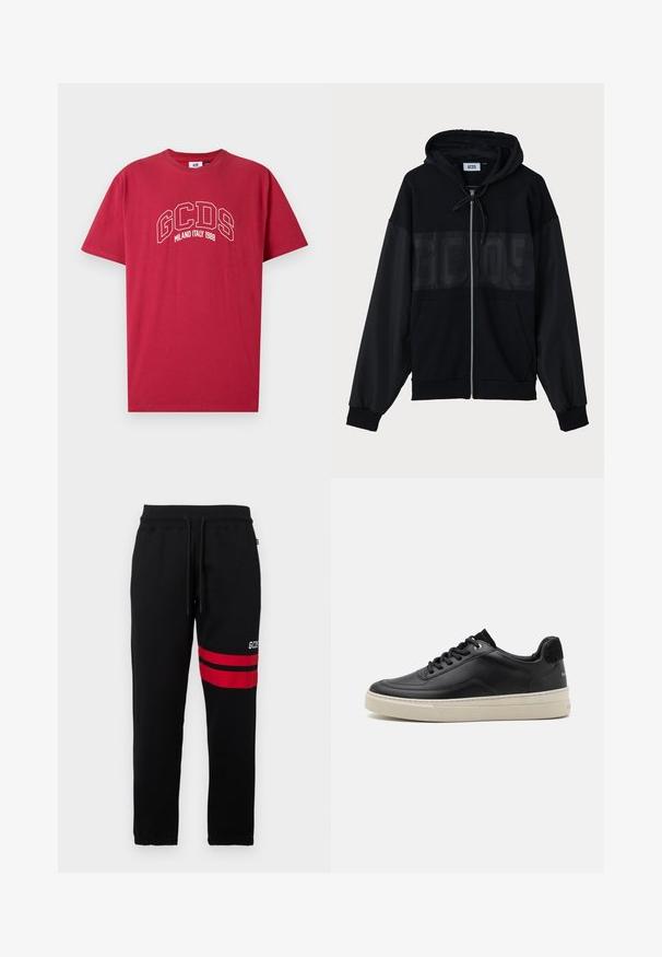 Črna zadrga bombažna jopica s teksturiranim zgornjim delom, kapuco, sprednjimi žepi in elastičnimi manšetami. Značilnost je tonalen logotip čez prsi.; Rdeča bombažna majica s kratkimi rokavi, ki se ponaša z belim vezenim napisom "GCDS MILANO ITALIJA 1988" v arhni zasnovi. Okrogla izrezana vratna linija.; Črne trenirke s kontrastnimi rdečimi črtami in logotipom na strani. Imajo elastičen pas z vrvico in zožene manšete pri gležnjih.; Črne usnjene superge z nizkim profilom, ki imajo smetanasto barvo gumijastega podplata, okroglo konico in vezalni dizajn, poudarjene z črnim semiš petnim delom.