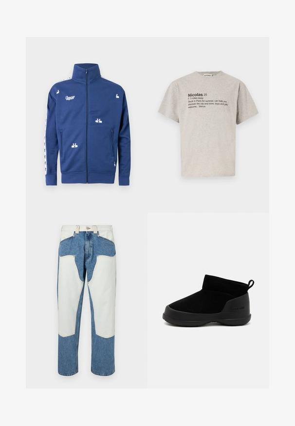 Blue zip-up jacket with white embroidered rabbits, "Amour toujours" text on chest, and star pattern along sleeves.; Gray cotton T-shirt with short sleeves featuring bold black text. Text includes a name, distance, and message about Paris. Simple, casual design.; Denim jeans featuring a light blue color with white contrasting patches and beige stitching. Straight leg design with a high waist.; Black ankle boots with a smooth suede upper and rubber sole, featuring a minimalistic design and a pull tab at the back for easy wear.