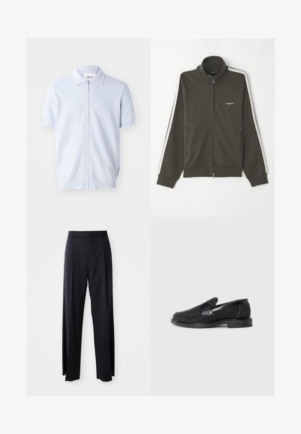 Donkergroene ritsjack met een textuur, witte stripaccenten langs de mouwen en twee zijzakken met rits.; Lichtblauw poloshirt met korte mouwen, voorzien van een ritsluiting en geribbelde textuur, met een klassieke kraagontwerp en een rechte zoom.; Zwarte, hooggewaisted broeken met een brede pijp, gemaakt van een gladde stof. Voorzien van voorkanten met plooien en riemlussen. Minimalistisch ontwerp, geen zichtbare hardware.; Zwartegeweven instap schoenen met een glad leren accent aan de bovenkant, een ronde neusontwerp en een laag profiel rubberen zool.