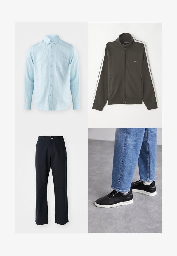 Giacca zip-up verde oliva scuro con superficie testurizzata, con strisce bianche lungo le maniche e due tasche laterali con zip.; Camicia azzurro chiaro a maniche lunghe realizzata in tessuto testurizzato, con colletto a bottoni, bottoni frontali e una tasca sul petto.; Pantaloni in cotone blu navy con design a gamba dritta, dotati di chiusura frontale con bottone e due tasche laterali. Tessuto morbido, senza motivi visibili.; Sneakers in pelle nera con suole in gomma bianca, dotati di lacci rotondi, superficie liscia e un sottile marchio sul tallone. Indossati con jeans blu.