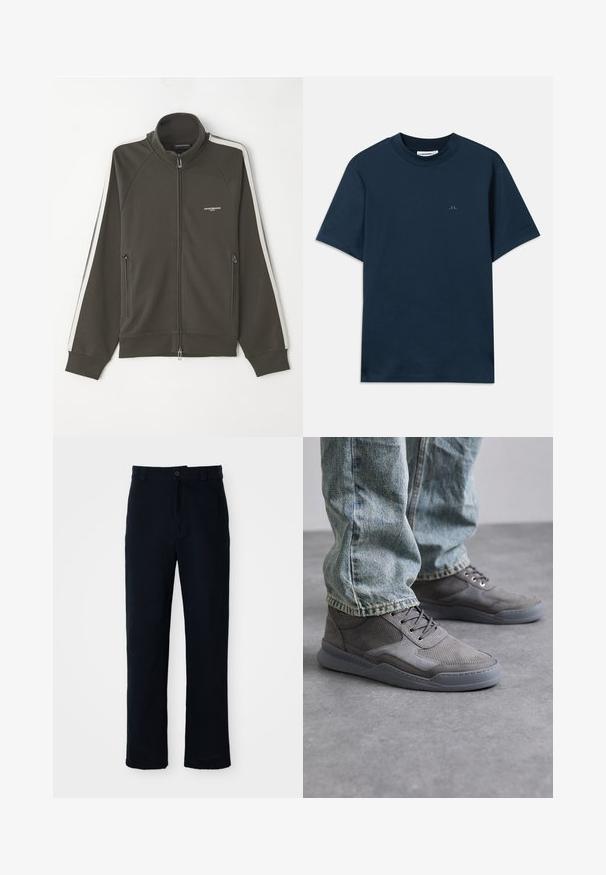 Veste zippée vert olive foncé avec une surface texturée, accents de rayures blanches le long des manches et deux poches zippées sur les côtés.; T-shirt en coton bleu marine avec un col rond, des manches courtes et un logo discret imprimé sur la poitrine. Texture lisse et coupe classique.; Pantalon bleu marine en coton, avec une coupe droite, une fermeture à bouton à l'avant et une taille classique avec passants de ceinture.; Baskets grises avec un mélange de textures lisses et perforées. Bout arrondi, semelle en caoutchouc grise et œillets en métal pour les lacets. Portées avec un jean bleu clair.