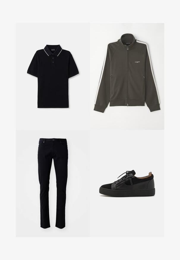 Tmavozelená zipsová bunda s textúrovaným povrchom, biele pruhy na rukávoch a dve bočné zipsové vrecká.; Čierna polokošeľa s krátkymi rukávmi, textúrovaným golierom s bielym lemovaním a pätkou s tromi gombíkmi. Názov značky na golieri.; Čierne bavlnené nohavice so slim fit strihom, vybavené gombíkovým zapínaním, pútkami na opasok, prednými vreckami a hladkým povrchom.; Giuseppe Zanotti DOUBLE ZIP - Tenisky - black