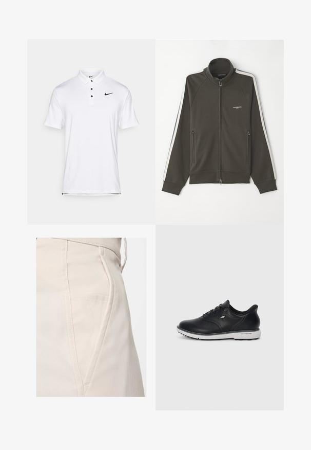 Sötét olívazöld, cipzáras dzseki, textúrált felülettel, fehér csíkkal a ujjain, és két oldalsó cipzáras zsebbel.; Fehér Nike polo póló klasszikus gallérral, három fekete gombbal és egy kis fekete logóval a bal felső oldalon. Rövid ujjak, sima textúra.; Beige halszövet, sima textúrával. Oldalsó zsebek és szabott varrások jellemzik, hangsúlyozva a testhez álló sziluettet.; Fekete bőr fűzős Skechers sportcipő fehér talppal, oldalsó logóval és texturált tapadással a talpon, sima világos háttér előtt.