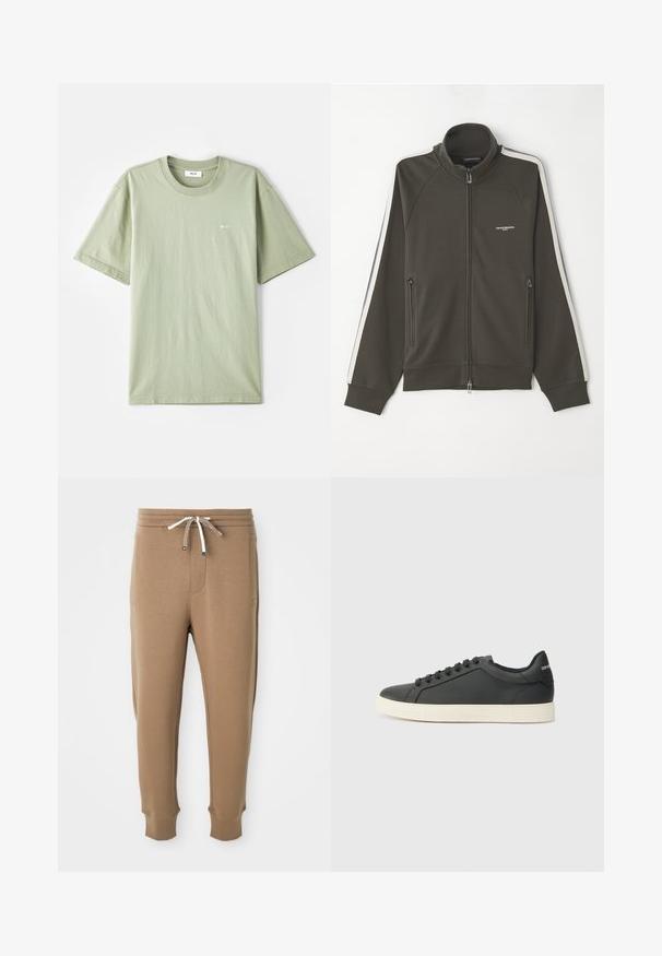 Mørk olivengrønn zip-up jakke med teksturert overflate, hvite striper langs ermer, og to sidelige glidelåslommer.; Lys grønn bomull t-skjorte med korte ermer, rund hals og liten hvit logo på brystet. Myk tekstur, avslappet passform og minimalistisk design.; Lyse brune joggebukser med elastisk midje, hvite og brune snorer, sidelommer og mansjetter på anklene på hvit bakgrunn.; Svart skinnsneaker med lav profil, rund tå og snøring; har en teksturert gummisåle og logo-detalj på hælen.