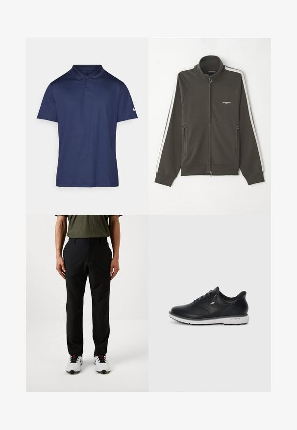 Sötét olívazöld, cipzáras dzseki, textúrált felülettel, fehér csíkkal a ujjain, és két oldalsó cipzáras zsebbel.; Sötétkék pólóing sima anyagból, gallérral, három gombos légmentes zárral, és egy kis fehér logóval a bal ujján.; Fekete nadrág sima textúrával és normál szabással, elülső zsebbel és övhurkokkal, fehér golfcipővel viselve.; Fekete bőr fűzős Skechers sportcipő fehér talppal, oldalsó logóval és texturált tapadással a talpon, sima világos háttér előtt.