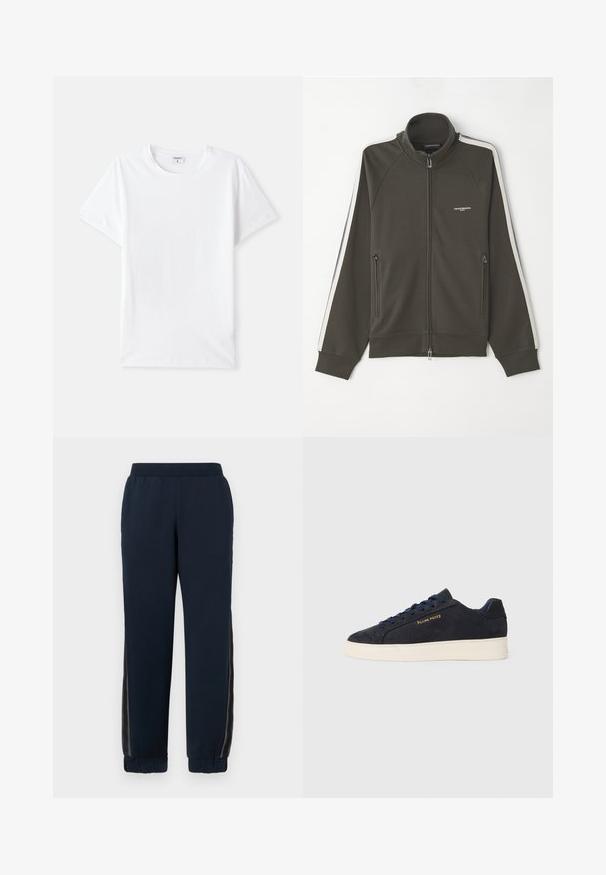 Sötét olívazöld, cipzáras dzseki, textúrált felülettel, fehér csíkkal a ujjain, és két oldalsó cipzáras zsebbel.; Fehér pamut póló, kerek nyakkivágású, rövid ujjú, sima textúrájú, minta és díszítés nélküli, egyszerű kialakítás, szabványos méret.; Tengereny színű melegítónadrág puha tapintással, szűkülő szárakkal és hálós oldalsó panelekkel. Rugalmas derékpánt a kényelem és a laza illeszkedés érdekében.; Sötétkék velúr, alacsony szárú teniszcipő fehér talppal, sötétkék fűzőkkel és arany színű "Filling Pieces" logóval az oldalán.