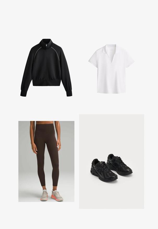 Schwarze sportliche Zip-up-Jacke mit hohem Kragen, gerippten Bündchen und Taillenbund. Mit weißen Paspeln entlang der Schultern und einem glatten, strukturierten Stoff.; Weißes Polohemd mit kurzen Ärmeln und offenem V-Ausschnitt, aus glattem Stoff, auf einem weißen Hintergrund präsentiert.; lululemon WUNDER TRAIN HIGH-RISE 64CM - Tights - espresso; Schwarze Sportschuhe aus Mesh- und synthetischen Materialien. Sie verfügen über eine gepolsterte Sohle, strukturierte Muster und geprägte Markenzeichen an der Seite.
