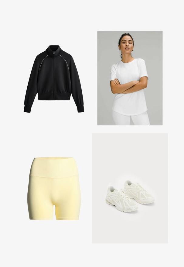 Zwarte sportieve zip-up jack met hoge kraag, geribde manchetten en tailleband. Heeft witte piping langs de schouders en een gladde, textuurstof.; Witte korte mouwen t-shirt van soepele stof, met een ronde hals en een gebogen zoom. Draag met witte onderstukken.; Gele stoffen shorts met een geribbelde tailleband, voorzien van een gladde textuur en een middellange uitstraling, geschikt voor sportkleding of casual kleding.; Witte sportschoenen van mesh en synthetische materialen, vetersluiting, gevoerde kraag en een gestructureerde zool voor grip. Lichtgewicht constructie.