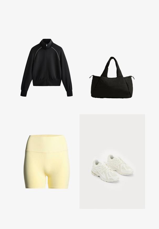 Zwarte sportieve zip-up jack met hoge kraag, geribde manchetten en tailleband. Heeft witte piping langs de schouders en een gladde, textuurstof.; Witte korte mouwen t-shirt van soepele stof, met een ronde hals en een gebogen zoom. Draag met witte onderstukken.; Gele stoffen shorts met een geribbelde tailleband, voorzien van een gladde textuur en een middellange uitstraling, geschikt voor sportkleding of casual kleding.; Witte sportschoenen van mesh en synthetische materialen, vetersluiting, gevoerde kraag en een gestructureerde zool voor grip. Lichtgewicht constructie.; Zwarte draagtas met een puffy textuur, voorzien van twee korte handvatten en een zijvak dat met een trekkoord is afgesloten. Eenvoudig, hoekig ontwerp.