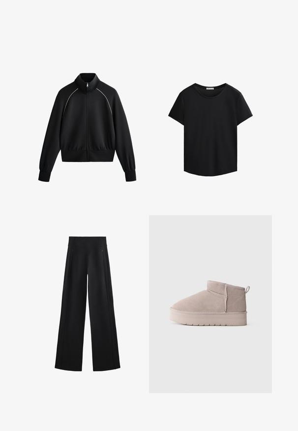 Zwarte sportieve zip-up jack met hoge kraag, geribde manchetten en tailleband. Heeft witte piping langs de schouders en een gladde, textuurstof.; Zwart T-shirt met korte mouwen, ronde halslijn en geperforeerde mesh-details op de schouders. Glad materiaal, ontspannen pasvorm, gebogen zoom.; Zwarte broek met wijde pijpen van een zachte stof, voorzien van een hoge tailleband en twee ritszakken, met subtiele naden langs de zijkanten.; Lage beige suède winterlaars met dikke zool en achterste lipje, op een plain witte achtergrond, weergegeven in zijprofiel.