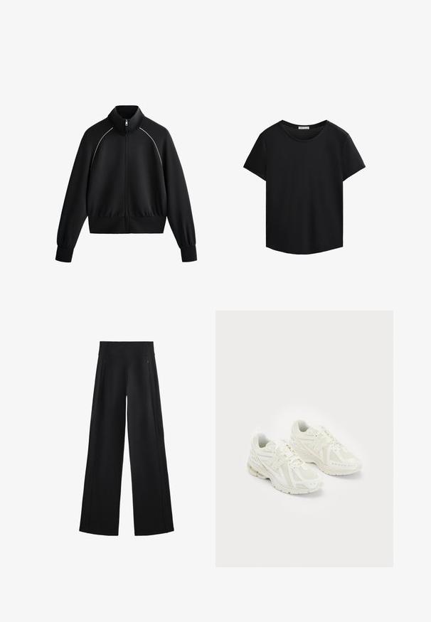 Black athletic zip-up jacket with high collar, ribbed cuffs, and waistband. Features white piping along shoulders and a smooth, textured fabric.; Black short-sleeved T-shirt with a round neckline and perforated mesh detailing on the shoulders. Smooth fabric, relaxed fit, curved hem.; Wide-leg black pants made of a soft fabric, featuring a high waistband and two zippered pockets, with subtle seams along the sides.; White athletic shoes with mesh and synthetic materials, lace-up design, padded collar, and textured sole for grip. Lightweight construction.