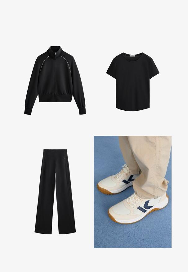 Fekete sportos zipzáros dzseki magas gallérral, bordázott mandzsettákkal és derékrésszel. Fehér díszítéssel ellátott vállrészekkel és sima, texturált anyaggal rendelkezik.; Fekete, rövid ujjú póló kerek nyakkivágással és perforált hálós részletekkel a vállakon. Simaszerkezetű anyag, laza szabás, ívelt alj.; Széles szárú fekete nadrág puha anyagból, magas derékkal és két cipzáras zsebbbél, diszkrét varrással az oldalakon.; Világos bézs sportcipők sötétkék kiegészítőkkel, textúrált felső résszel és gumitalppal. Fűzők és párnázott nyak rész a kényelem érdekében.
