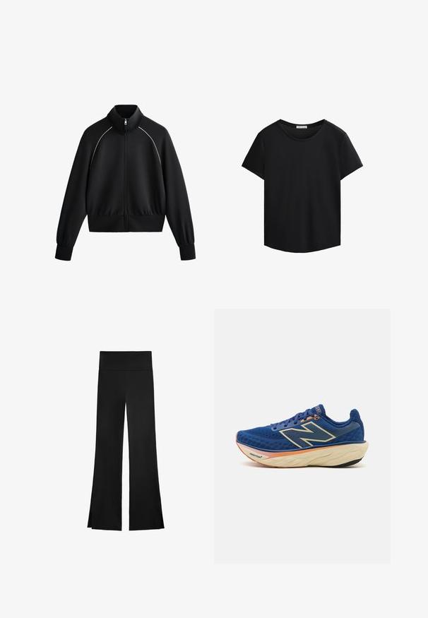 Black athletic zip-up jacket with high collar, ribbed cuffs, and waistband. Features white piping along shoulders and a smooth, textured fabric.; Black short-sleeved T-shirt with a round neckline and perforated mesh detailing on the shoulders. Smooth fabric, relaxed fit, curved hem.; Black pants with a wide-leg design, featuring a high waistband and side slits for ease of movement. Made from a smooth, stretchy fabric.; Blue running shoe featuring a breathable mesh upper, padded collar, and a cushioned sole with an orange accent. "Fresh Foam" branding visible.