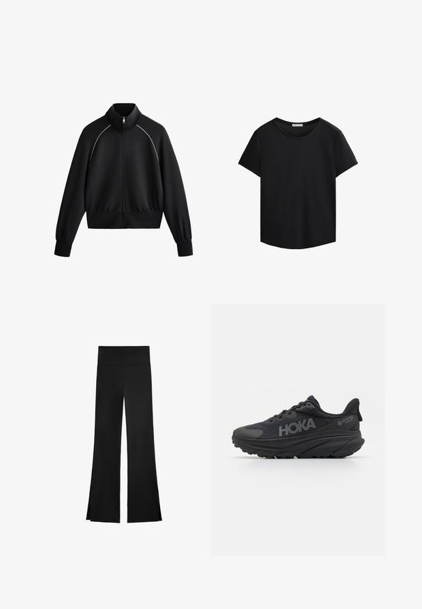 Black athletic zip-up jacket with high collar, ribbed cuffs, and waistband. Features white piping along shoulders and a smooth, textured fabric.; Black short-sleeved T-shirt with a round neckline and perforated mesh detailing on the shoulders. Smooth fabric, relaxed fit, curved hem.; Black pants with a wide-leg design, featuring a high waistband and side slits for ease of movement. Made from a smooth, stretchy fabric.; Black running shoes with a mesh upper, textured accents, and HOKA branding. Includes a thick, curved sole and Gore-Tex for water resistance.