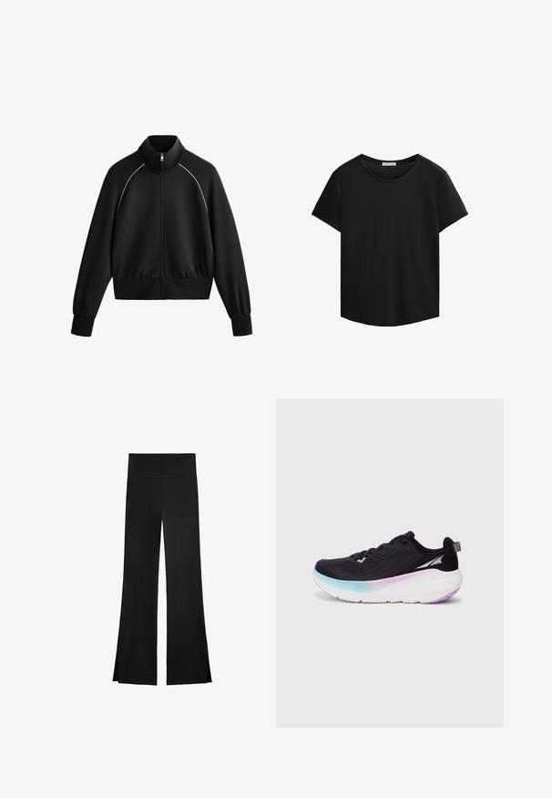 Veste de sport zippée noire avec col haut, poignets et taille côtelés. Présente des passepoils blancs le long des épaules et un tissu lisse et texturé.; T-shirt noir à manches courtes avec un col rond et des détails en maille perforée sur les épaules. Tissu lisse, coupe décontractée, ourlet arrondi.; Pantalons noirs avec un design à jambe évasée, dotés d'une taille haute et de fentes sur les côtés pour plus de liberté de mouvement. Fabriqués dans un tissu lisse et extensible.; Chaussure de running noire avec une tige en mesh léger, semelle dégradée passant du bleu clair au violet, et accents réfléchissants.