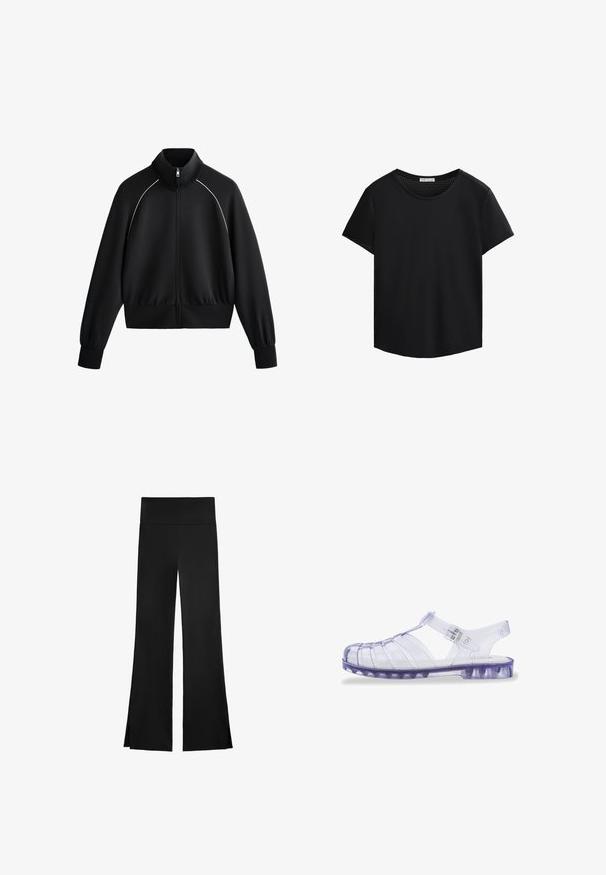 Zwarte sportieve zip-up jack met hoge kraag, geribde manchetten en tailleband. Heeft witte piping langs de schouders en een gladde, textuurstof.; Zwart T-shirt met korte mouwen, ronde halslijn en geperforeerde mesh-details op de schouders. Glad materiaal, ontspannen pasvorm, gebogen zoom.; Zwarte broek met een wijd beenontwerp, voorzien van een hoge tailleband en zijsplitten voor gemakkelijke beweging. Gemaakt van een gladde, rekbare stof.; Transparante paarse plastic sandalen met een gesloten neus, open achterkant en verstelbare band. Heeft horizontale en verticale uitsparingen.