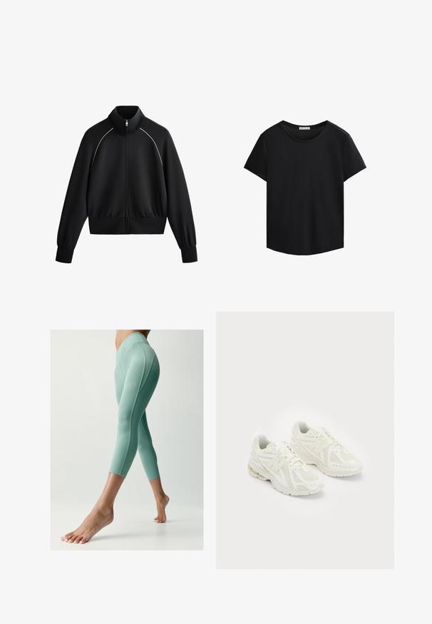 Musta urheilullinen vetoketjullinen takki, jossa on korkea kaulus, resorit hihansuissa ja vyötäröllä. Takissa on valkoista kantta hartioiden kohdalla ja sileä, teksturoitu kangas.; Mustat lyhythihaiset T-paidat, joissa on pyöreä pääntie ja rei'itetty verkko-ominaisuus olkapäillä. Suuri kangas, rento istuvuus, kaareva helma.; Minttu vihreät legginsit, jotka on valmistettu sileästä ja joustavasta kankaasta. Ne ovat muotoon ommeltuja, ja niissä on saumat sivuilla sekä keskikorkea vyötärönauha.; Valkoiset urheilukengät, joissa on verkkomateriaali ja synteettisiä materiaaleja, nauhakuulakesuunnittelu, pehmustettu kaulus ja teksturoitu pohja pidon takaamiseksi. Kevyt rakenne.