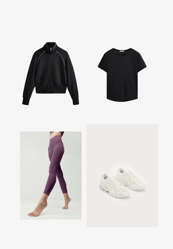 Černá sportovní bunda na zip s vysokým límcem, žebrovanými manžetami a pasem. Obsahuje bílý lem podél ramen a hladkou, texturovanou tkaninu.; Černé tričko s krátkým rukávem a kulatým výstřihem, s perforovanými síťovinovými detaily na ramenou. Hladká tkanina, volný střih, zaoblený lem.; Legíny v tmavě fialové barvě, vyrobené z hladké, elastické tkaniny. Mají vysoký pás a jemné švy.; Bílé atletické boty vyrobené z prodyšných a syntetických materiálů, s tkaničkovým designem, polstrovaným límcem a texturovanou podrážkou pro lepší přilnavost. Lehké provedení.